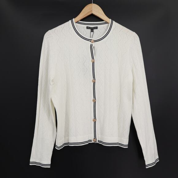 Adrianna Papell Sweaters - Adrianna Papell NWT Pointelle Sz L Tipped Contrast Knit Cardigan Gold Buttons